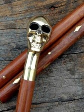 Vintage Brass Skull Head Handle Victorian Wooden Walking Stick Cane Halloween