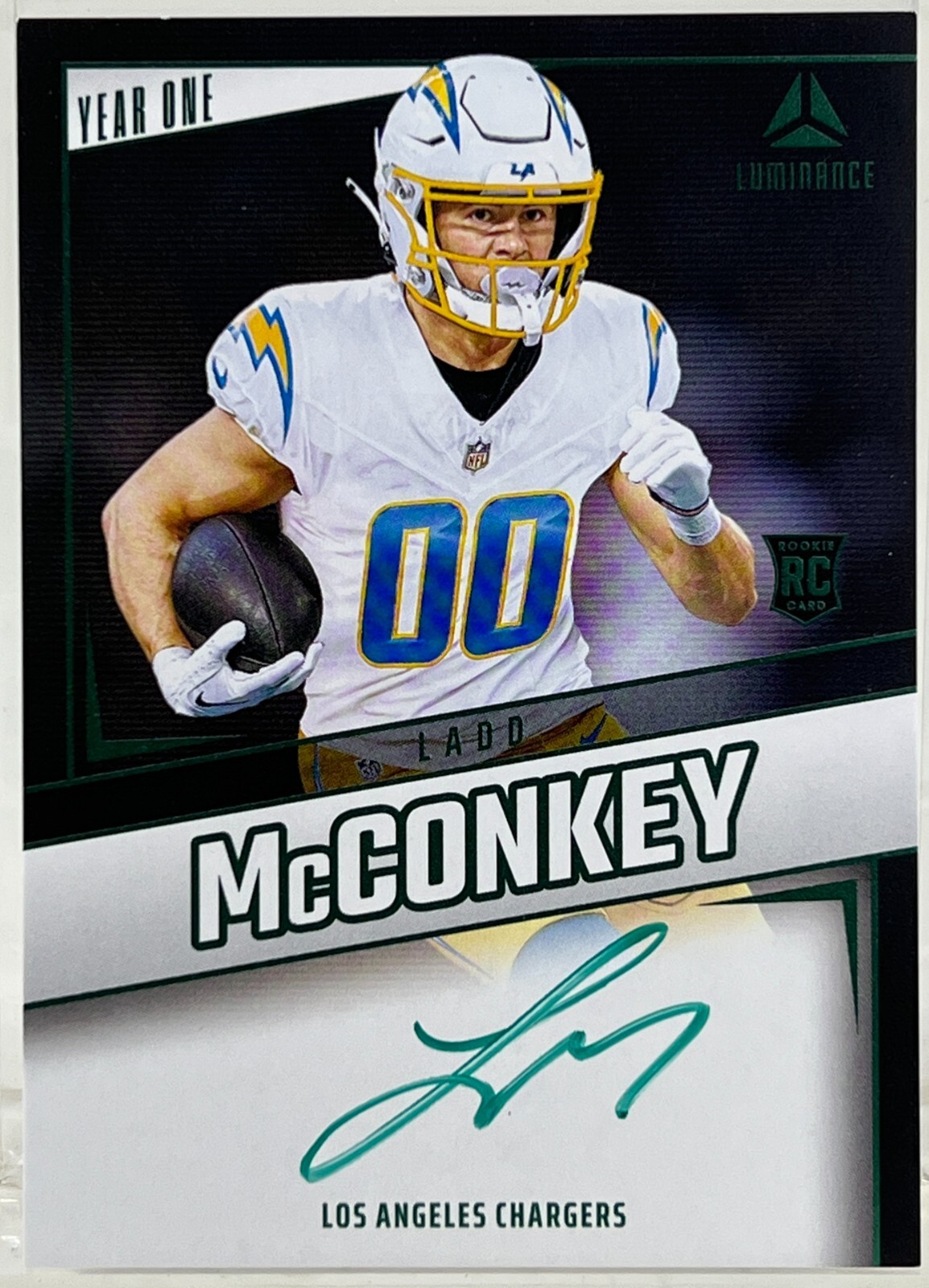 Ladd McConkey 2024 Panini Luminance Year One Green On Card Auto Chargers RC