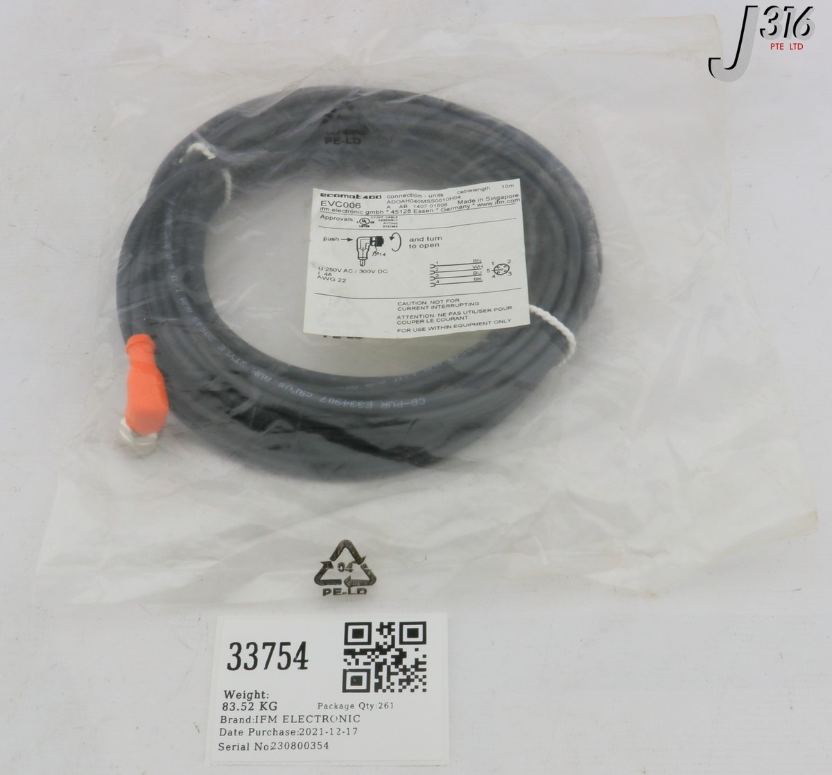 33754 IFM ELECTRONIC CABLE ASSY, M12 CONNECTOR, LENGTH: 10M (NEW