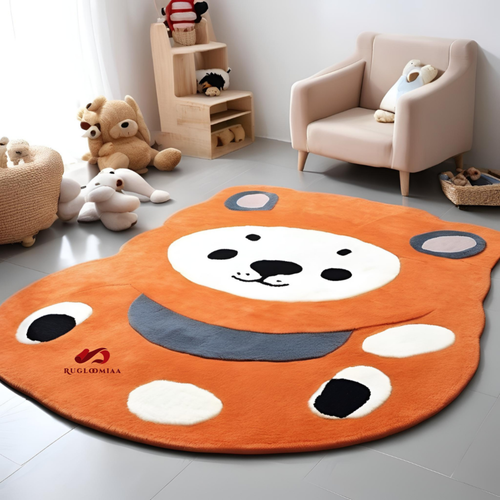 Wollteppich orange Tiermotiv - handgetufteter Kinder-/Wohnzimmerteppich - rutschfest