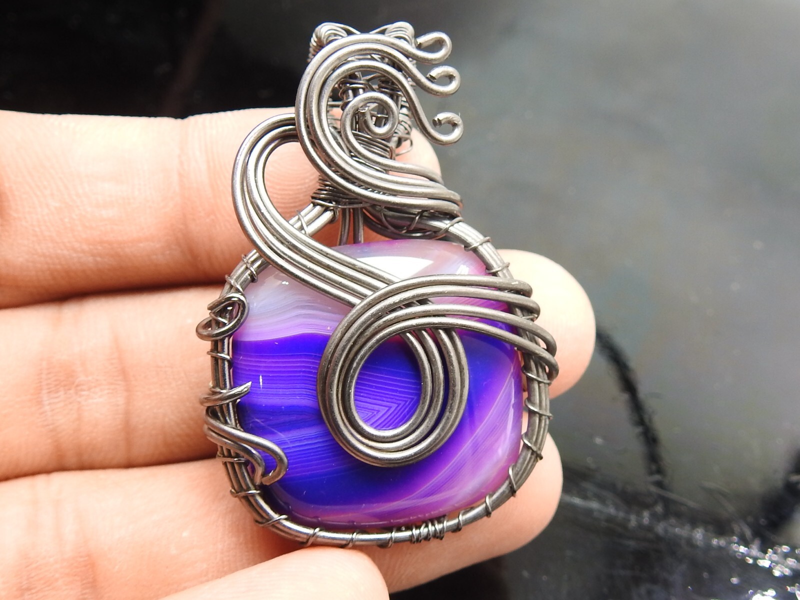 Purple Strip Agate Brass Pendant Silver Oxidised Polished Wire Wrapped Jewelry