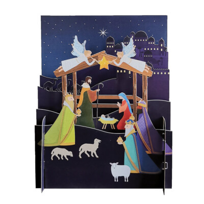 Simple Nativity Scene with Two Angels Above Manger 3D Pop Up Christmas Card