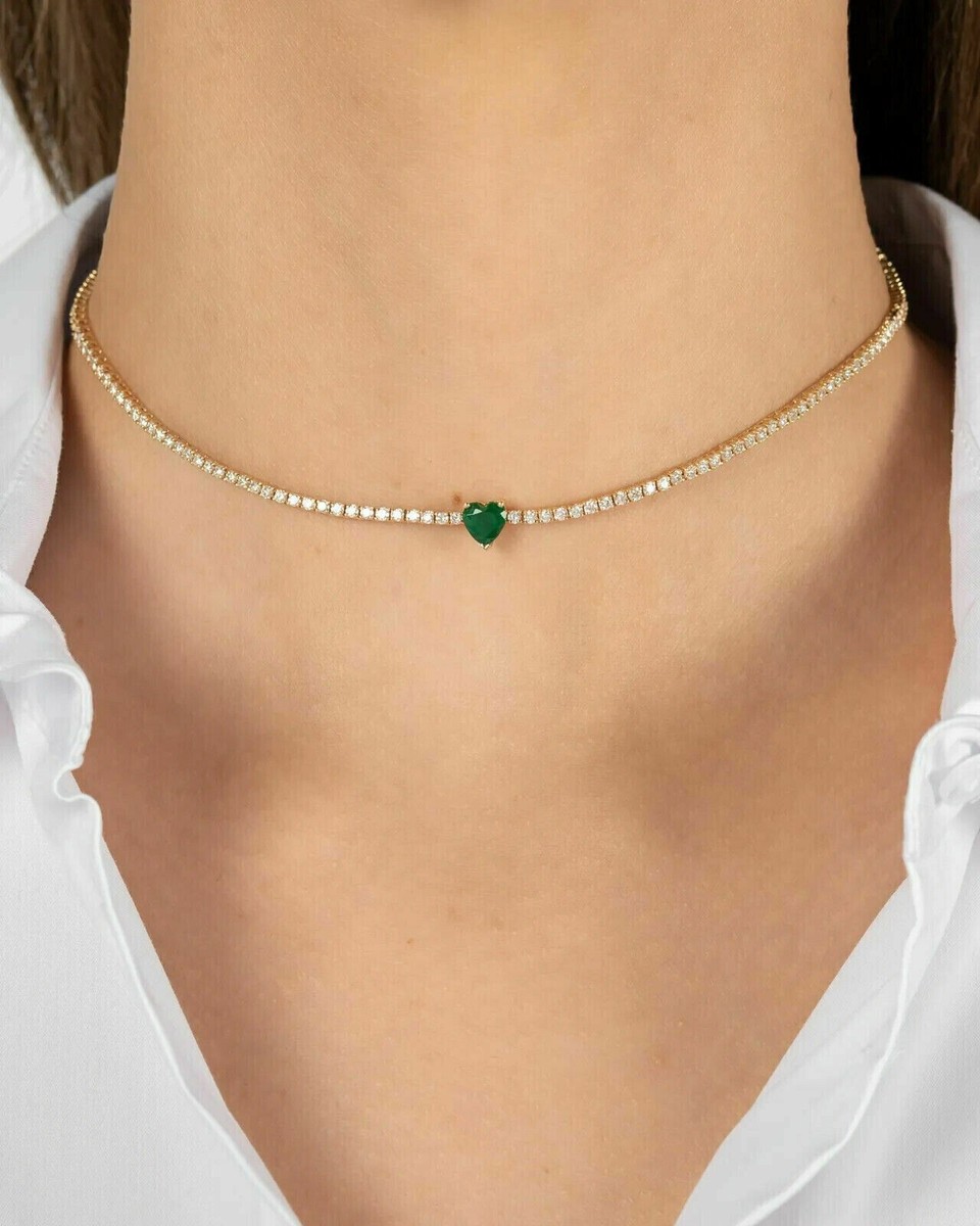 9Ct Heart Emerald Simulated Diamond Tennis Necklace 14k Yellow