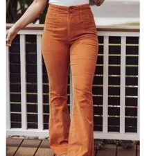 Free People Jayde Cord High Rise Retro Flare Jeans, Copper Brown, W32, RRP 98