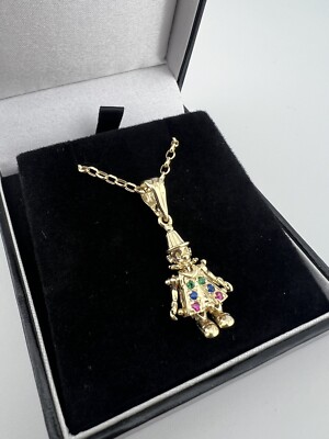 Beweglicher Clown-Halskettenanhänger 9 kt Gold mehrere Edelsteine vollständig gepunzt & verpackt