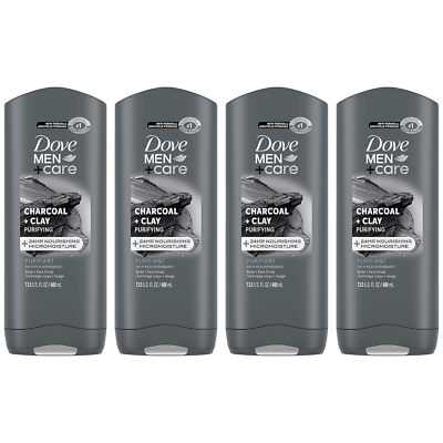 4-Pack New DOVE MEN + CARE Purifying Charcoal + Clay Body and Face Wash with 24-