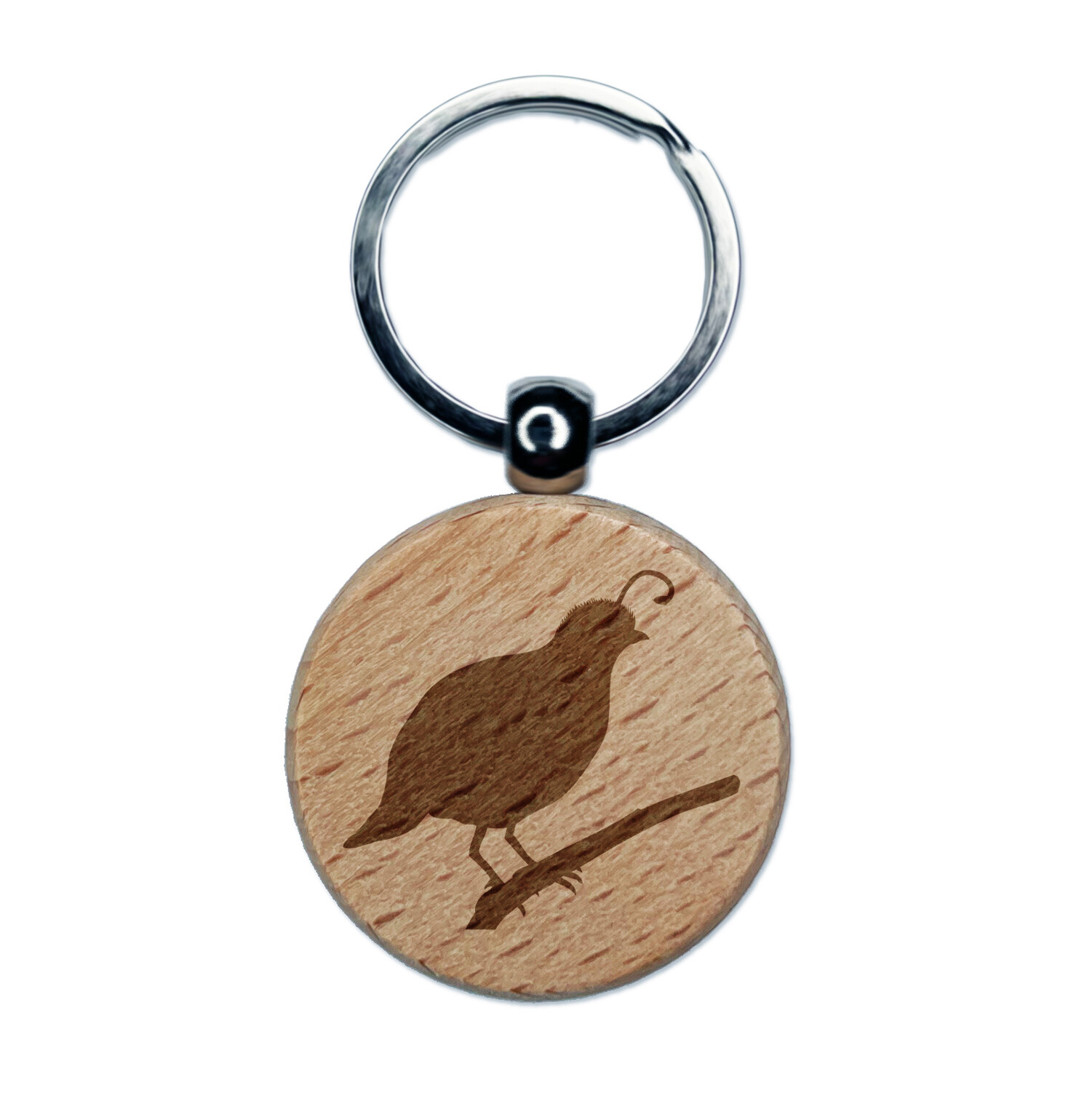 Quail Bird Solid Engraved Wood Round Keychain Tag Charm