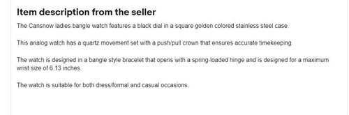 CANSNOW QUARTZ LADIES BANGLE WATCH BLACK SQUARE ANALOG GOLDEN STAINLESS STEEL - Picture 5 of 5