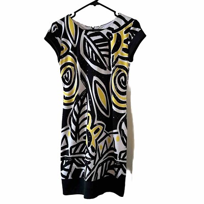 Cache Black White Yellow Leaf Short Sheath Lined Dress Sequin Size 4 *READ*