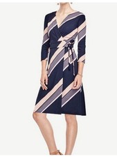 Ann Taylor Diagonal Stripe Wrap Dress 6 petite navy blue, pink, purple