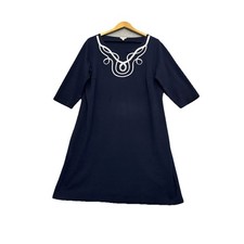 Talbots Knit Dress Sz 1X Navy Embroidered Neck Shift Nautical Career 3/4 Sleeve