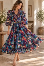 Vintage Diane Freis Dress 80s Ruffle Mixed Print Smocked Tea Midi Hong Kong