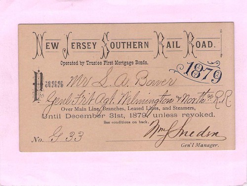 1879 NEW JERSY SOUTHERN  _ LOW # 33 _  RAILWAY RR RY RAILROAD PASS