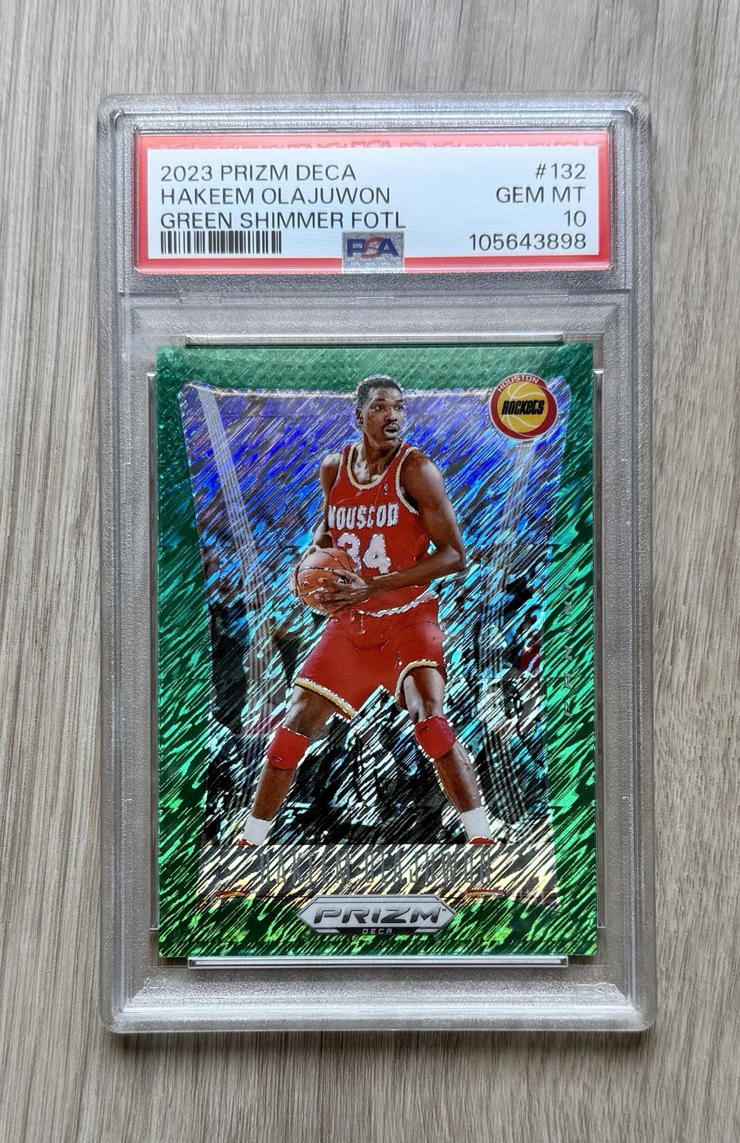 Hakeem Olajuwon 2023 Prizm Deca Green Shimmer /12 PSA 10 Basketball NBA Rockets view 3