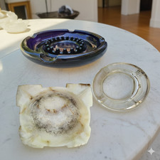 Set of 3 Ashtrays Vintage Marble White Heavy Natural Stone, Onyx  Clear Glass