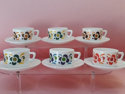 Arcopal France Blumen 6 Kaffeetassen mit Teller Cm.4,5x6,5 VINTAGE Tasse
