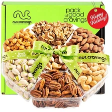 Elegant Christmas Treats Nuts Gift Basket - 16 Oz. 7 Nut Assortment with Ribbon
