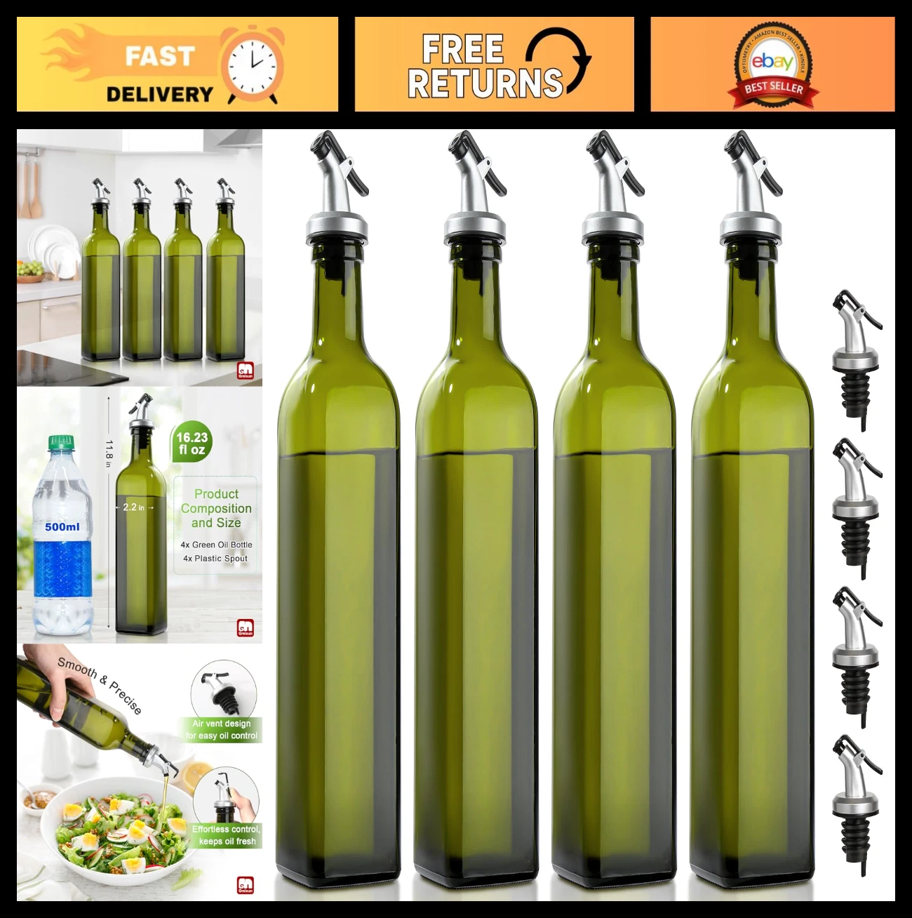 4 Pack Olive Oil Dispenser Bottles 17oz - Glass Cruet with Pour Spout for Kitche