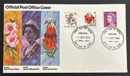 Australia FDC  1971 2 & 7cent Sturt’s Desert Rose & 7cent Queen Elizabeth II