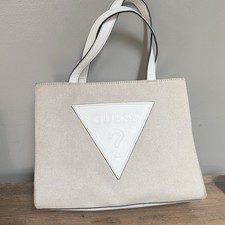 Guess PANYA Large Tote Bag White/Beige Cotton Logo Authentic
