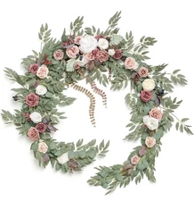 Ling's Moment 9FT Eucalyptus and Willow Leaf Garland with White Flower, Handc...