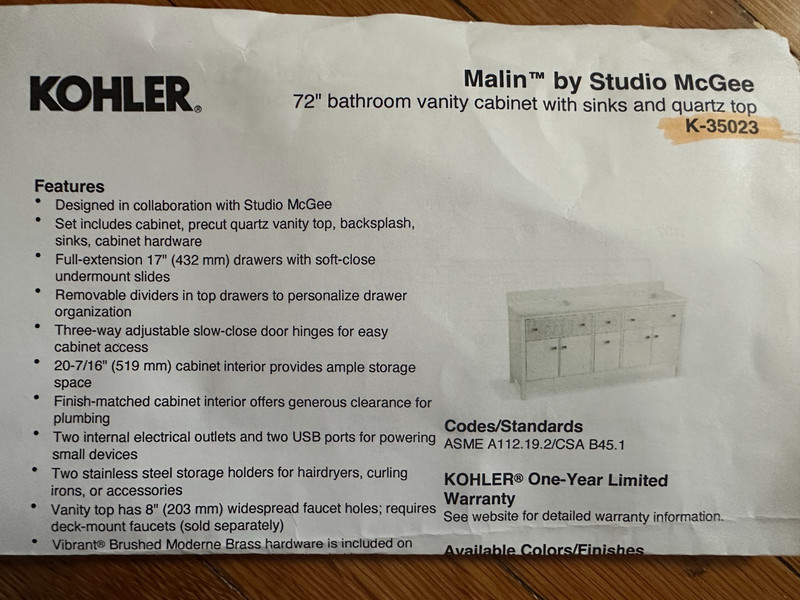 KOHLER 72" double vanity cabinet with sinks and Quartz top (K-35023)
