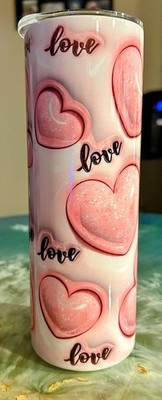 20oz Skinny Tumbler 3D Love Hearts. Lid, Straw, And Cleaning Brush Included