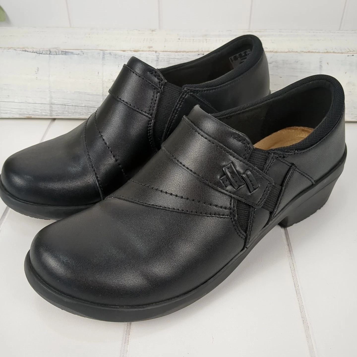 Scarpe mocassini Clarks donna Angie Pearl slip on pelle nera da lavoro taglia 7 5M