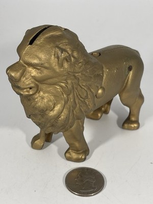 Vintage 1920s Gold Toned Cast Iron Lion Still Coin Bank AC Williams Hubley