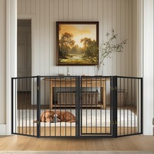 Free Standing Dog Gate with Door,80'' Extra Wide 32'' Tall Metal Dog Gates fo...