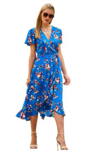 NEW Blue Floral Print Ruffle Hem Wrap Dress size 8 Blue mix