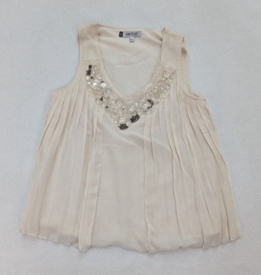 JLO Jennifer Lopez Women's Blouse Size S Ivory Beaded V-neck Pleated Sleeveless