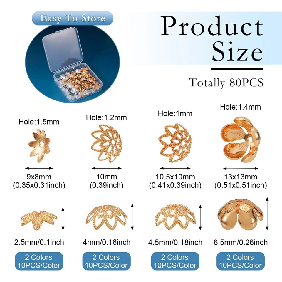 80 Piezas Tapas de Cuentas de Latón Flor Chapado en Oro 14K Real Astilla Hallazgos de Joyería 9~13mm Foto 2 de 4