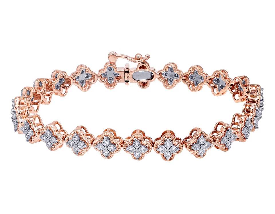 Illusion Set 4/5 CT Real Diamond Clover Link Bracelet 10K Gold 7.5MM 7" - Image 2 of 4