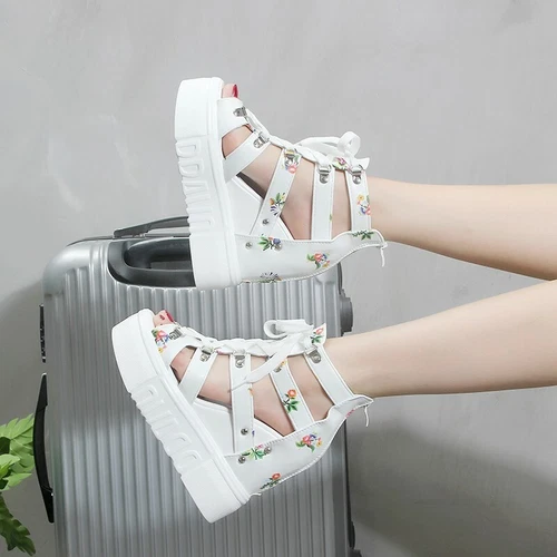 Fashion Women's Cut Out Sandals Platfrom Hidden Wedge Boots Floral Lace Up Shoes - Picture 9 of 28