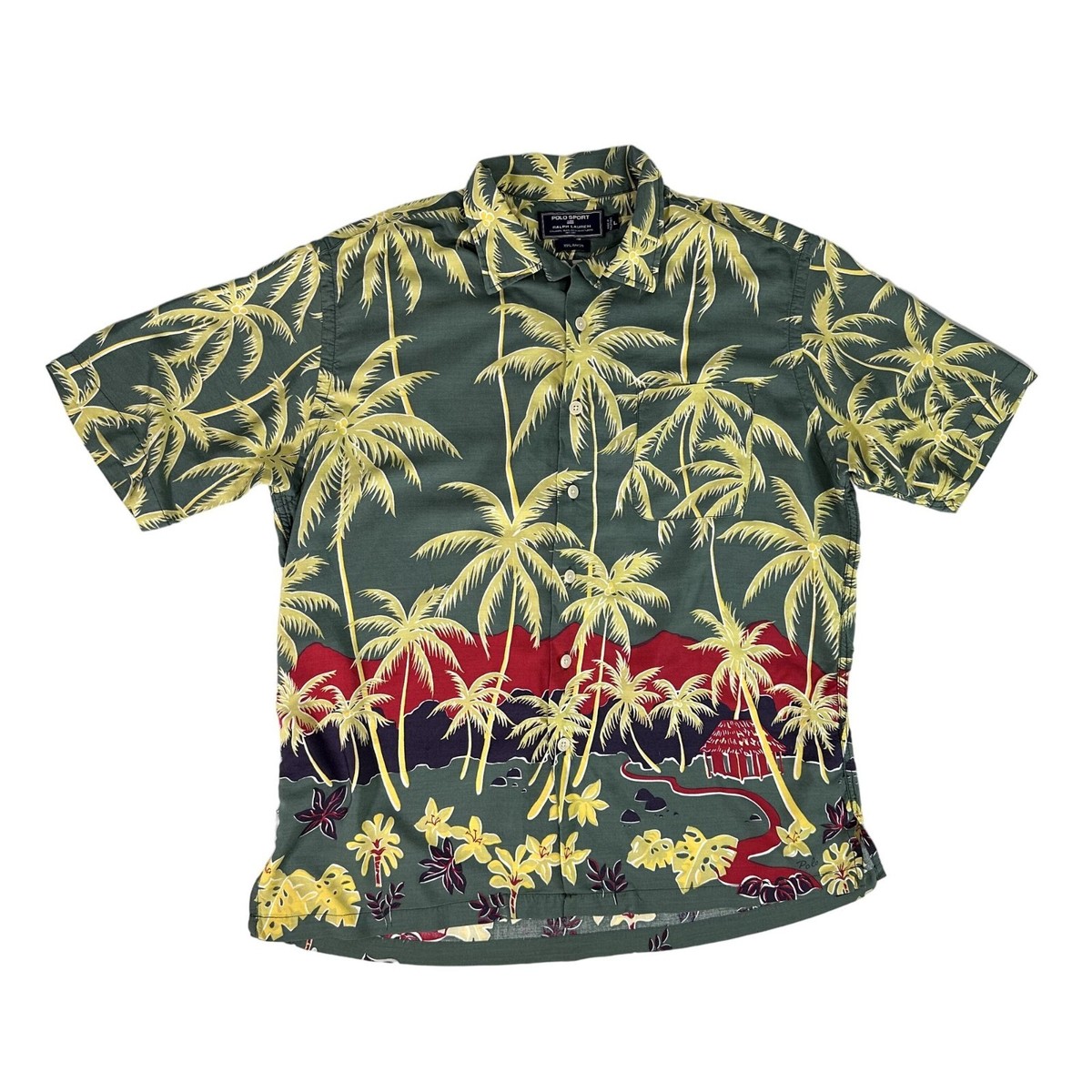 Ralph Lauren POLO SPORT Hawaiian Shirt Green Red Yellow Rayon Mens