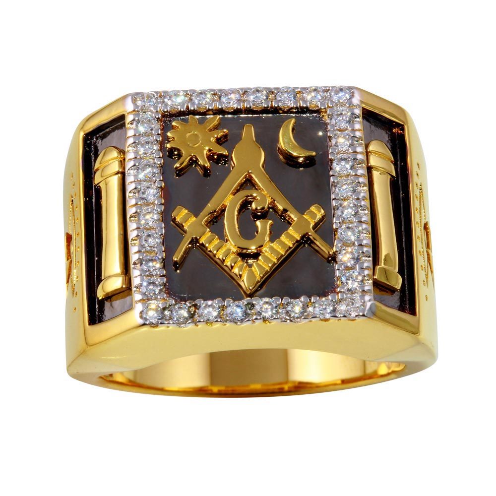 Men's Sterling Silver Gold Plated CZ Stones Masonic Symbol Square