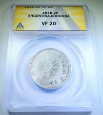 ANACS VF-20 Argentina Cordoba 1846 Sun Face Silver 2 Reales Genuine Antique Coin