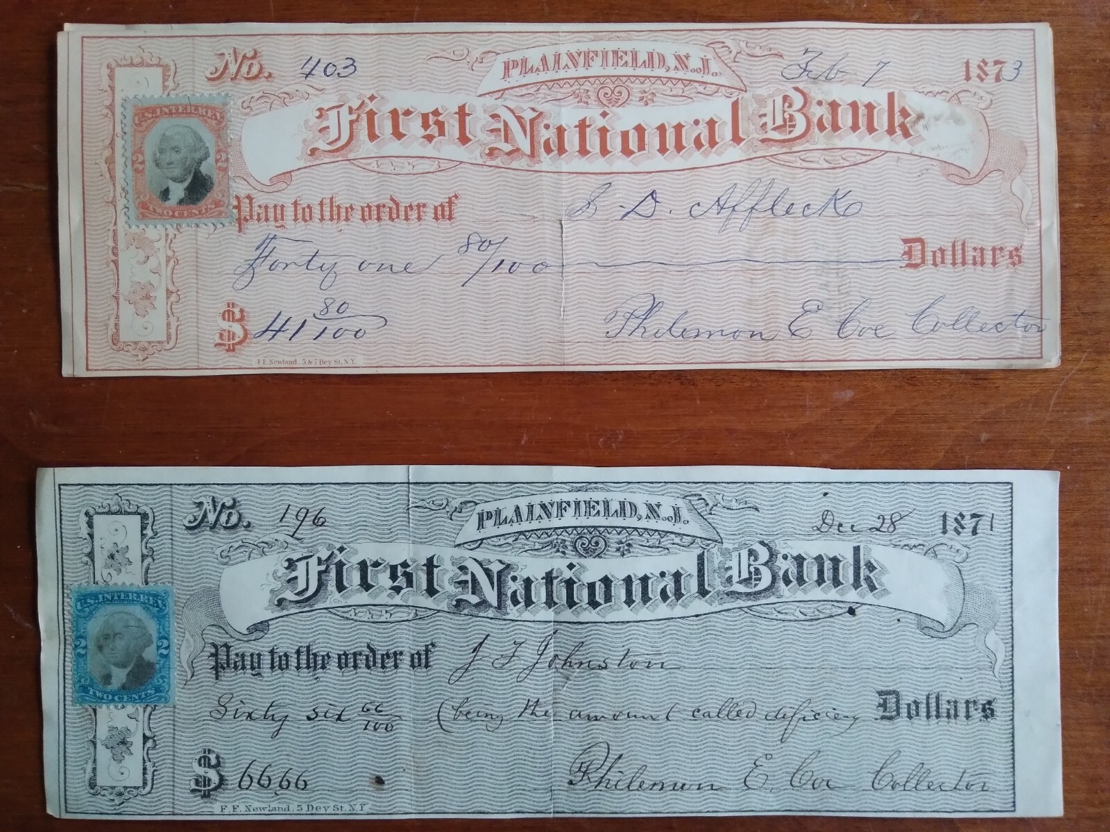 Lot 2 Old Bank Checks 18711873 First National,Plainfield,NJ Revenue stamps,Used eBay