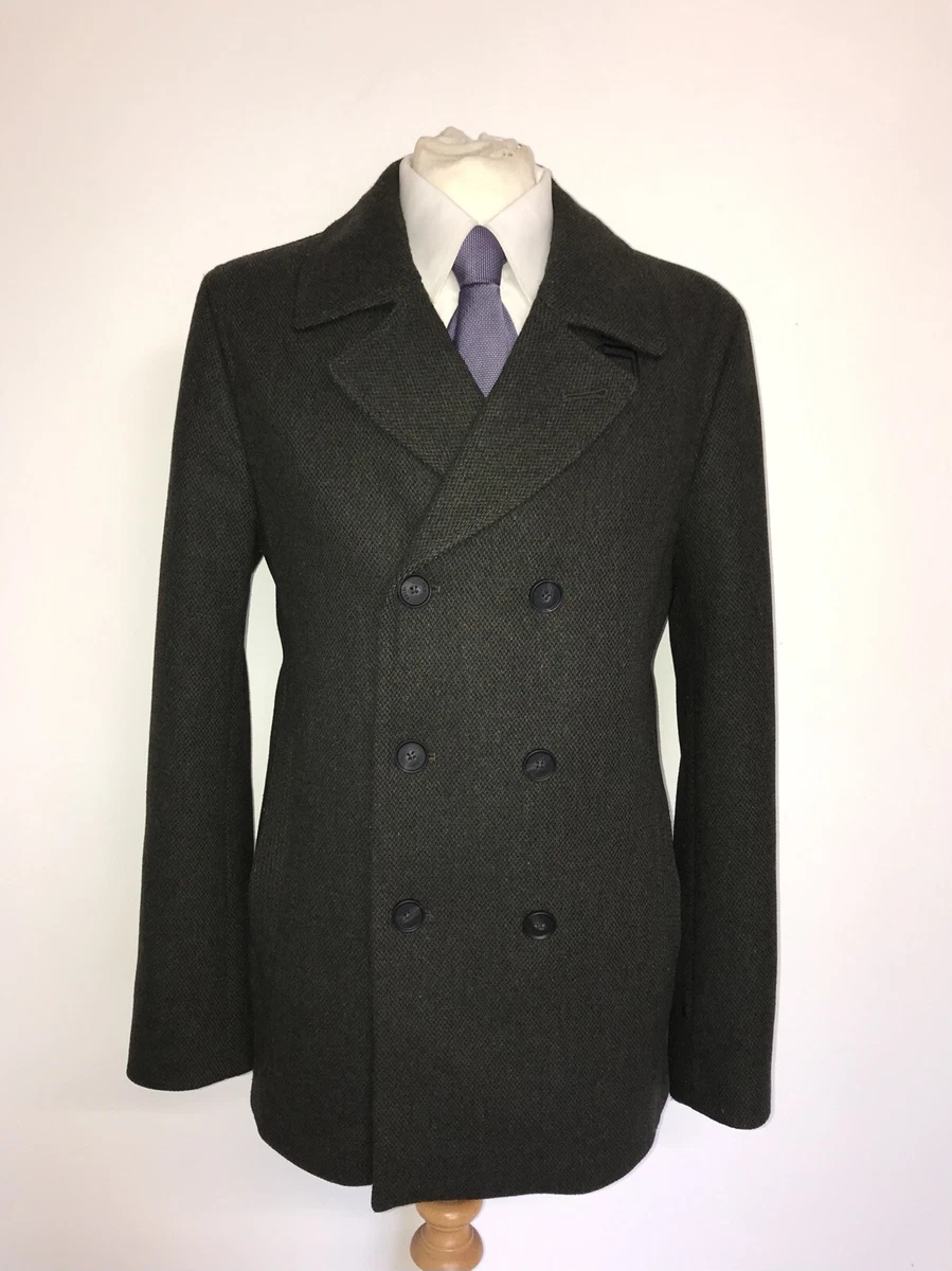 TED BAKER Mens DARK GREEN TWEED WOOL PEA COAT L 42 Reg