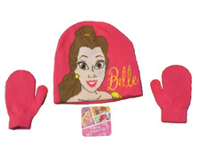 NEW DISNEY PRINCESS BELLE PINK BEANIE HAT AND MITTENS SET