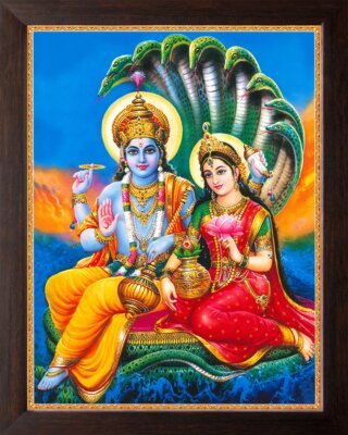 Lord Vishnu & Goddess Lakshmi Mit Sheshnaag HD Bilddruck Im Holzbilderrahmen