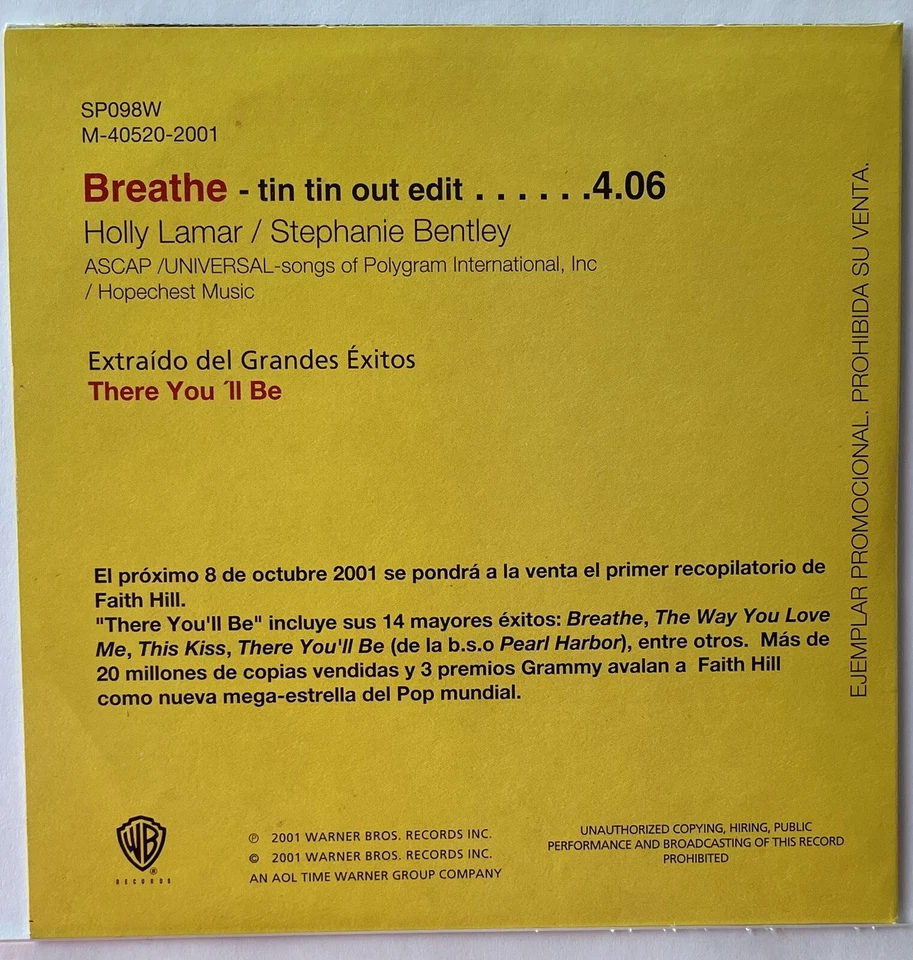 Faith Hill, Breathe, Single, Promo, Spain, CD, 2001 Foto 4 de 4