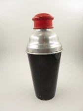 Vtg MCM Aluminum Cocktail Martini Shaker Black Red Top