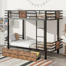 Twin XL Over Twin XL Bunk Beds with Storage Drawers Heavy Duty Metal Bed Frames