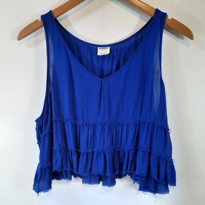 Intimately Free People Tank Top Womens Small Blue Tiered Cropped Frayed Raw Hem