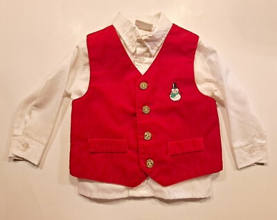 BT KIDS 24 Months Boys Red Velvet Vest Attached Shirt Christmas Vintage  1990s