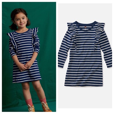 Tea Collection Toddler Girls Blue/White Striped Ruffle Sleeve Dress Girls Size 2