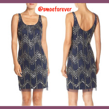 NEW Adrianna Papell Chevron Beaded Mesh Tank Dress in Navy [SZ 0 ] #M55