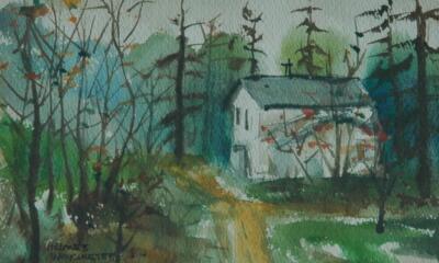 Beautiful Small Work Watercolor of a Farmhouse Landscape by Helane B Winchester